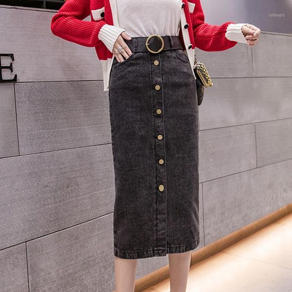 

denim sheath wrap long skirts with belt autumn winter vintage female single-breasted high waist sreetwear pencil skirt womens1, Black
