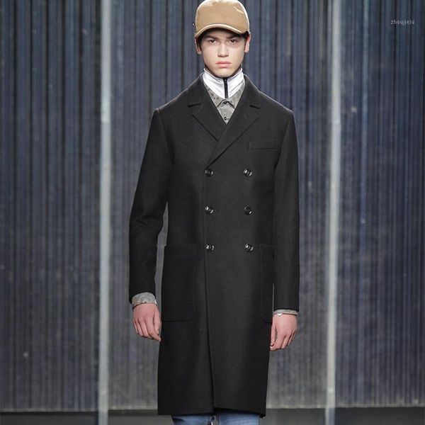

men's woolen coat mid-length 2020 winter double-breasted lapel business slim youth jacket1, Black