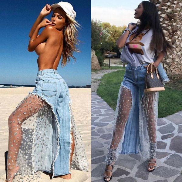 

women boot cut denim lace star printed patchwork jeans ladies tulle splice high waist button see-through wide leg pants s-xl1, Black;white