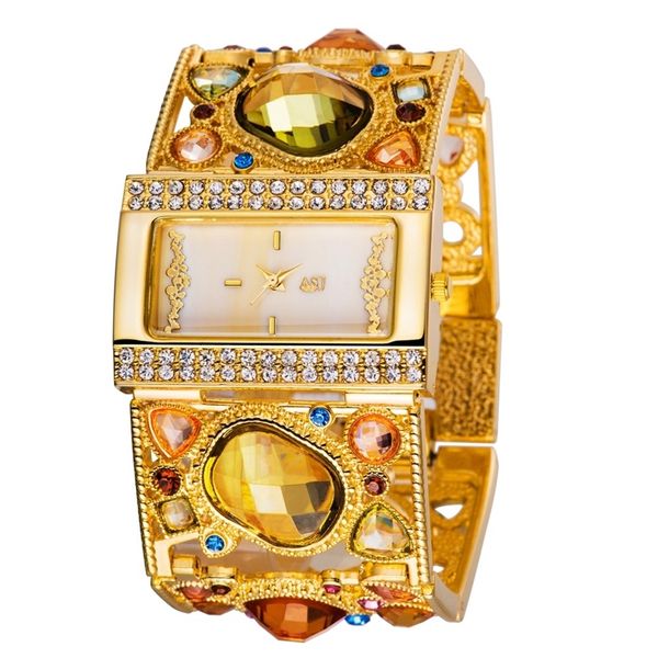 

amazing women's golden bracelet watch with graceful multi color diamond decoration, gold analog hollow engraving women watches 201218, Slivery;brown