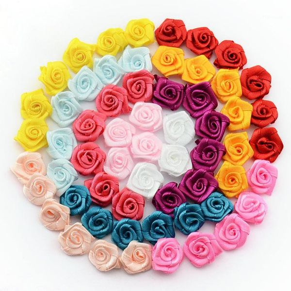 Acessórios de cabelo Atacado - DIY 500 Pçs / lote Handmade Satin Rose Rose Rosettes Flower Bow Appliques Wedding Decor Craft Costura 1-351