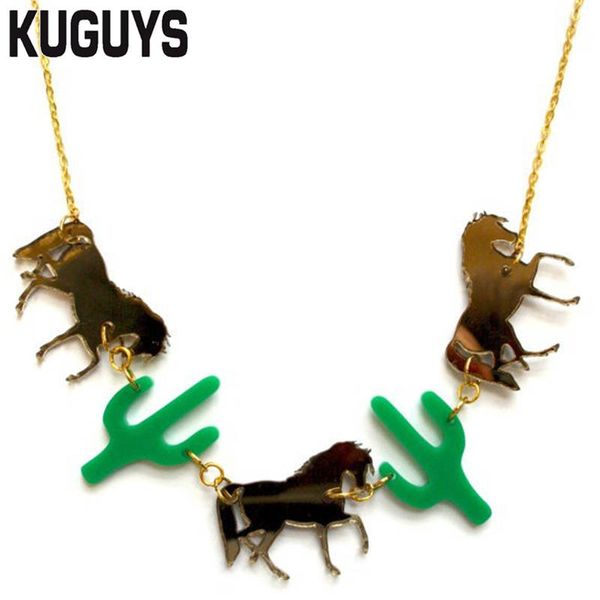 

acrylic cowboy necklace fashion jewelry golden horse green cactus pendant necklaces for women accessories chains, Silver