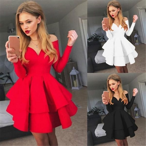 

women cascading ruffle dress off shoulder slim v-neck mini solid long sleeves bodycon formal dress evening party red white1, Black;gray