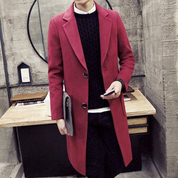 

winter new men's mid long woolen fashion personality korean slim casual windbreaker overcoat for men, Tan;black