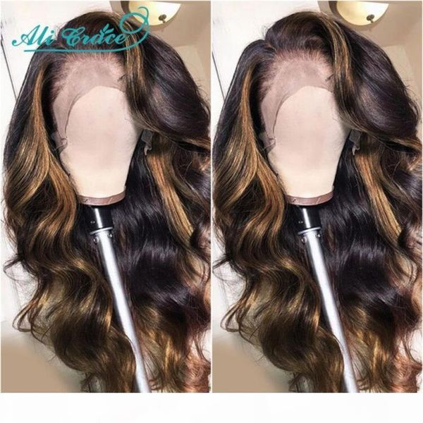 

ali grace body wave lace front human hair wigs omber wigs highlight brown human hair 13x4 lace for women, Black;brown