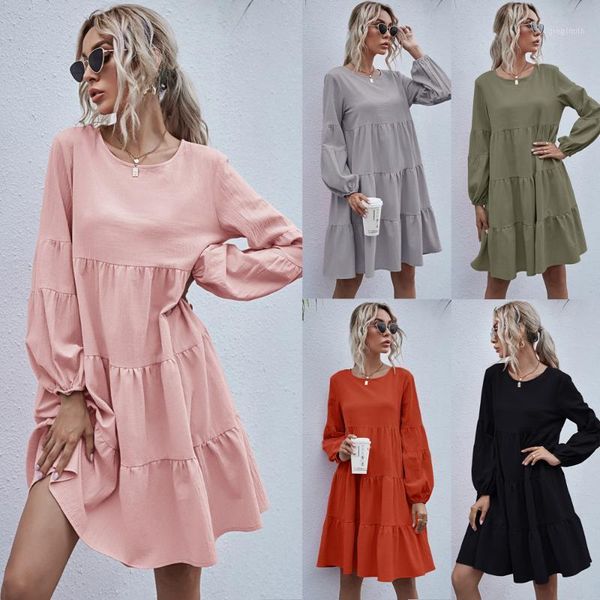 

cotton linen o-neck dresses for autumn 2021 female lantern sleeve stitching loose big swing dress casual women clothes1, Black;gray