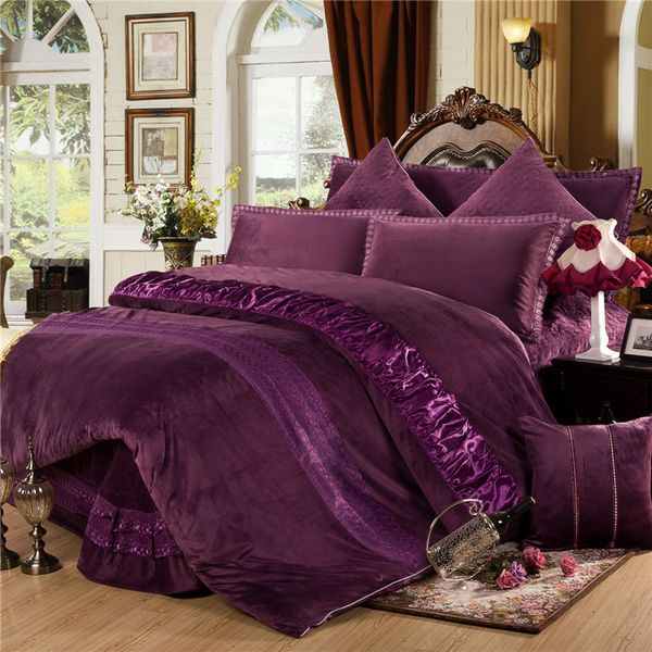 Inverno quente espesso lã cama roxo roxo rainha cinza king size conjunto de cama 4/6 pcs Duvet capa cama espalhada pillowcases t200706