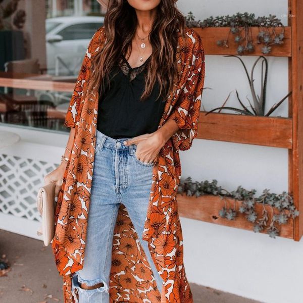 

plus size blouse women vintage kimono cardigan chiffon cover up summer beach flower print long blouse women clothes1, White
