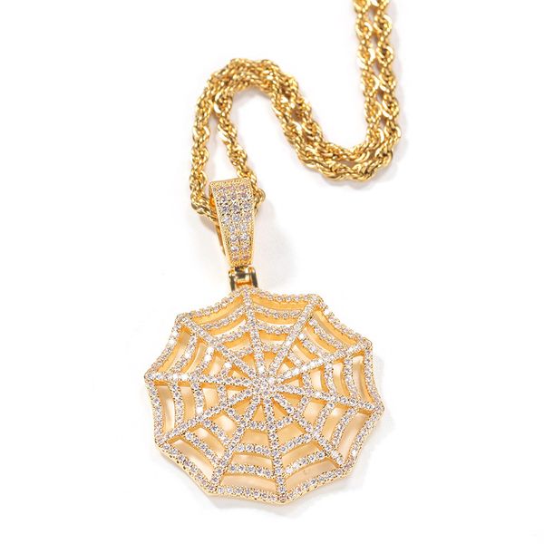 

gold plated bling iced out cz spider web pendant necklace with 24inch rope chain for men women, Silver