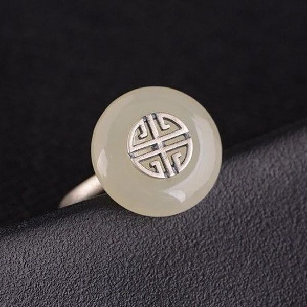 

cluster rings silver original chinese style vintage craft inlay natural advanced hetian jade open adjustable ring, Golden;silver