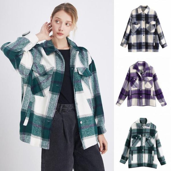 

women green plaid jacket coats vintage pockets long oversized coat autumn winter casual loose long sleeve outerwear chic, Black;brown