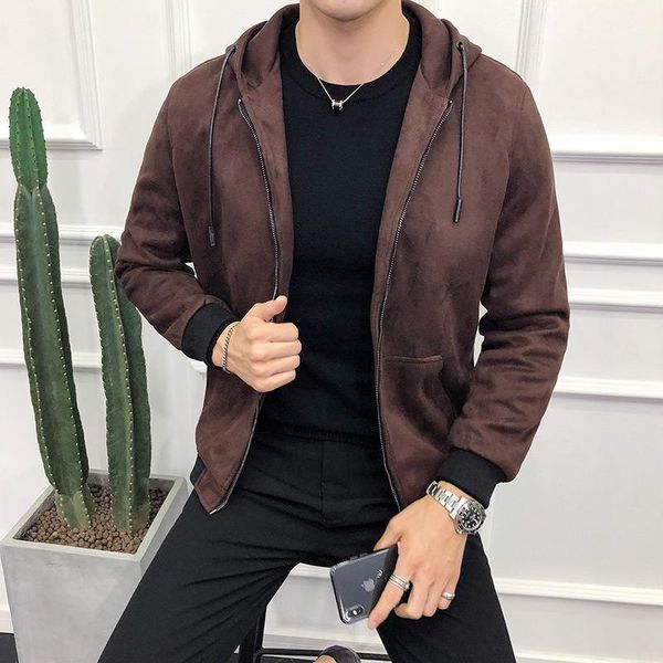 

brown jackets with hood suede baseball jackets mens hoodie slim fit bomber uomo invernali winter british mens clothing1, Black;brown