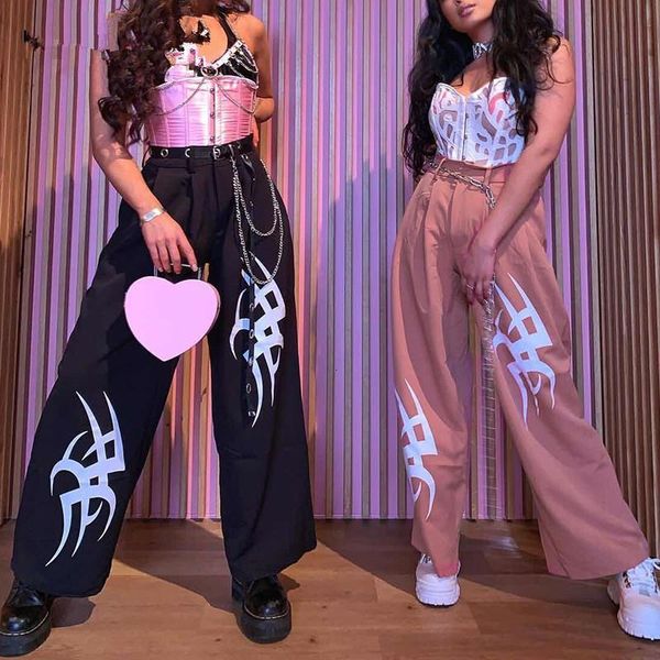 

newdiscvry harajuku high waist wide leg pants women black printed casual ladies trousers pink punk sweatpants streetwear summer, Black;white