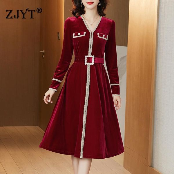 

2020 new arrivals autumn winter clothes women elegant long sleeve v neck embroidery patchwork solid vintage party velvet dresses, Black;gray