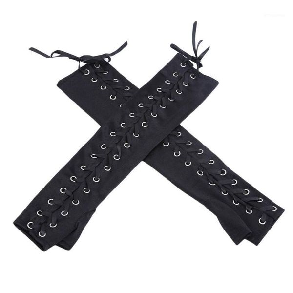 

black lace up fingerless gloves arm warmer elbow steampunk for womens costume partymittens clubwear cosplay accessories1, Blue;gray