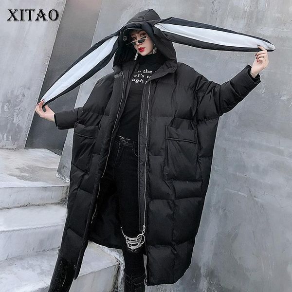 

xitao long women parka fashion new 2019 winter full sleeve elegant plus size pocket elegant minority hooded collar coat xj28281, Black