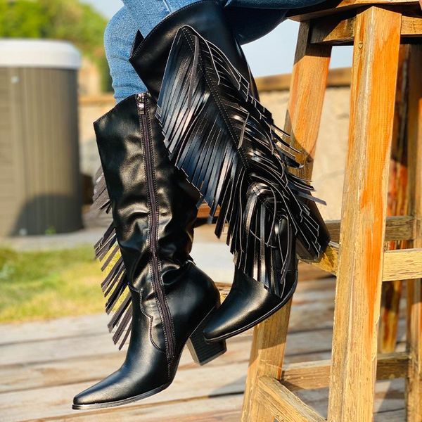 

women tassel mid calf boots woman fringe autumn winter high boots ladies pointed toe high heels women's zip shoe drop ship, Black