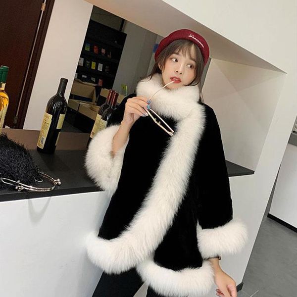 

fake fur coats women cloak 2021 autumn winter new plus size imitation mink cape jacket ladies thicken warm poncho femme outwear, Black
