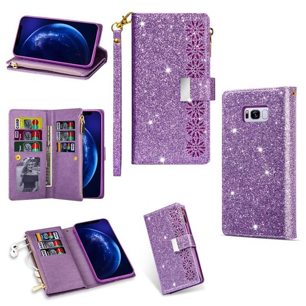 

for samsung galaxy s8 multi-card slots starry sky laser carving glitter zipper horizontal flip leather case with holder wallet lanyard