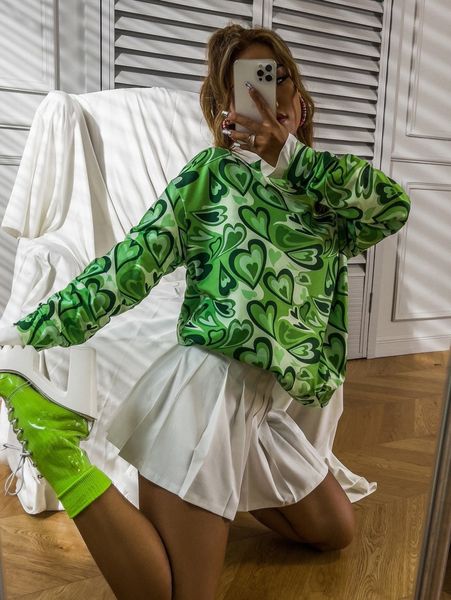 

heart print drop shoulder sweatshirt without blouse r2mn#, White;black