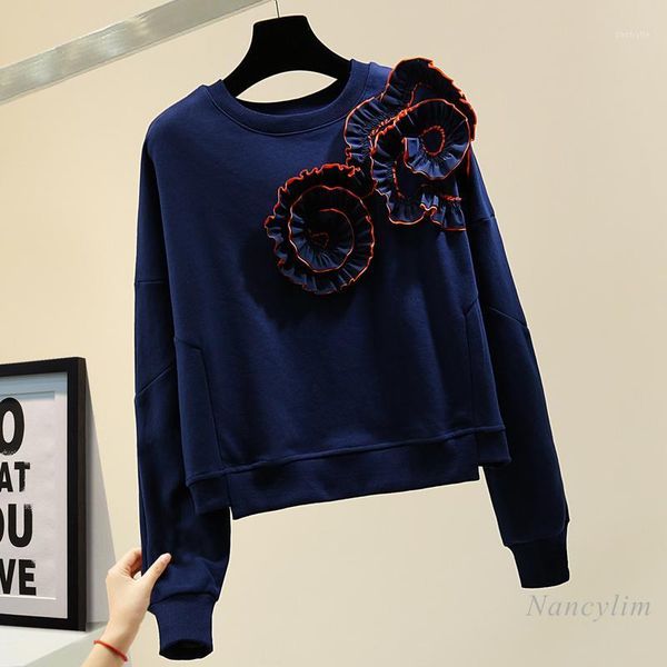 

short pullover sweatshirt women 2021 spring korean fashion three-dimensional flower long sleeve leisure hoodie grey blue black1, Black