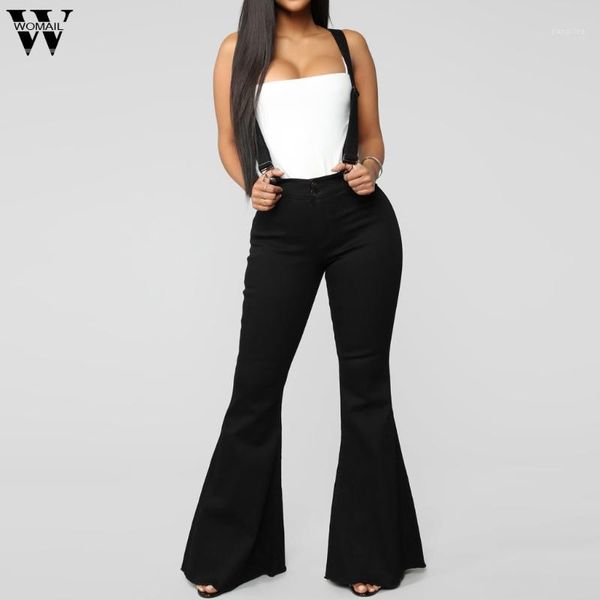 

womail high waist strap flared pants for women mom casual bell-bottom pants with button pockets trousers wash daily female jeans1, Blue