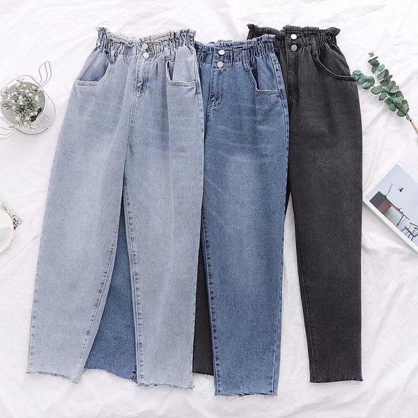 

yuoomuoo soft vintage boyfriend jeans for women 2021 elastic high waist mom black jeans harajuku long denim pants, Blue