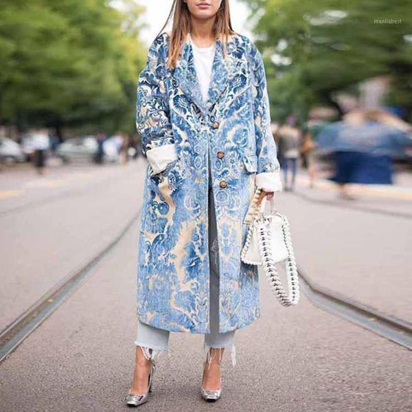 

vintage floral print elegant trench coat women office ladies plus size coats long overcoat casual blue fashion outwear female1, Black