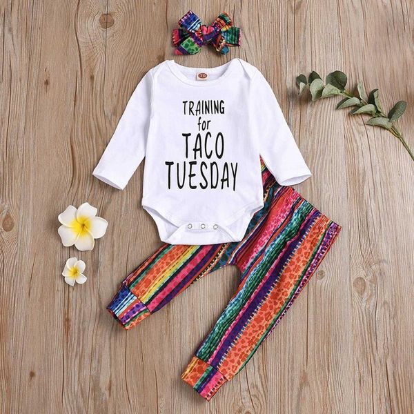 

toddler set outfits kid baby stripe 2020 autumn winter cartoon print o-neck pullover pants headbands 2pcs children clothes, White