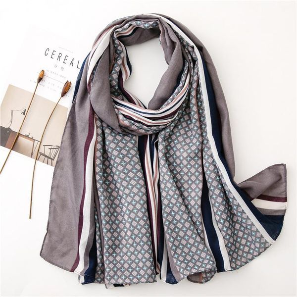 

2020 retro cotton and linen feel scarf female spring and autumn korean version wild floral stripes summer long sunscreen shawl, Blue;gray