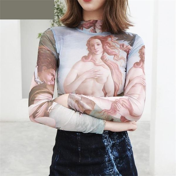 Женская футболка женская футболка сексуальные TEE Tops Print футболка эластичная сетка верхняя роспись с длинным рукавом женщин футболки старинные новые 201125