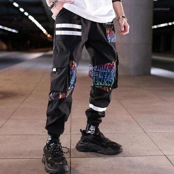 

men's pants men multi-pocket harem hip letters cool trousers japanese streetwear hombre male casual trendy elastic waist trousers1, Black
