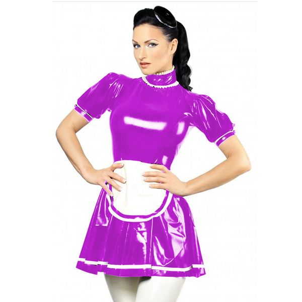 Plus Size Sexy High Neck Poleira PVC Dress Senhora Play Partido Dia das Bruxas Servo Fato De Manga Curta Cosplay Maid Vestido