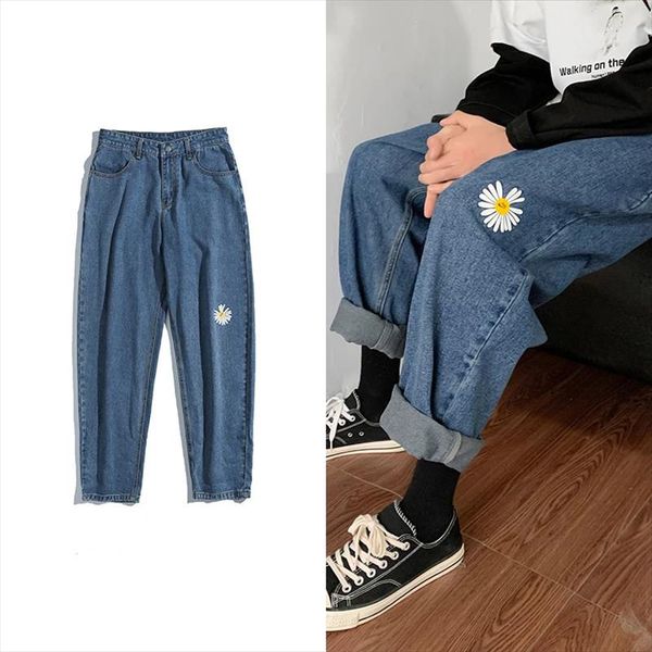 

2020 spring printed hip hop straight jeans casual pants harem vintage denim pants daisy embroidered jeans boyfriend, Blue