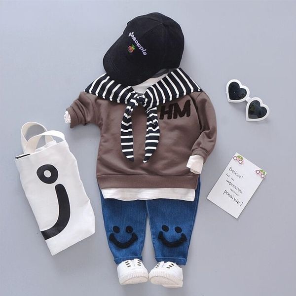 

spring autumn baby cotton clothing sets fashion children girls boys fake scarf t-shirt jeans 2 pcs/sets kid casual tracksuits y200323, White