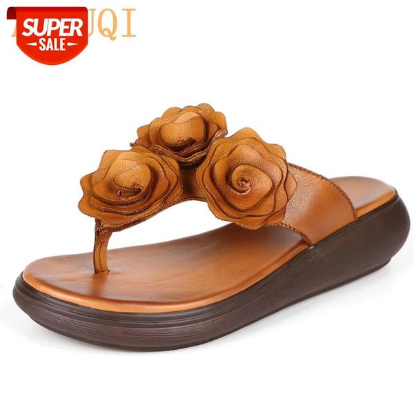 

aiyuqi women slippers sandals 2020 new women sandals genuine leather flower fashion casual wedge flip flop women #sb1s, Black