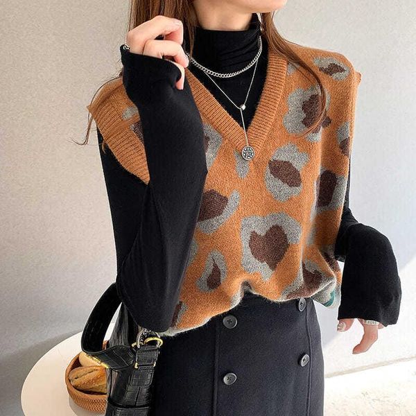 

women's vests 2021 spring autumn vintage casual leopard knitted sweater women pullovers sleeveless out wear female waistcoat y592, Black;white