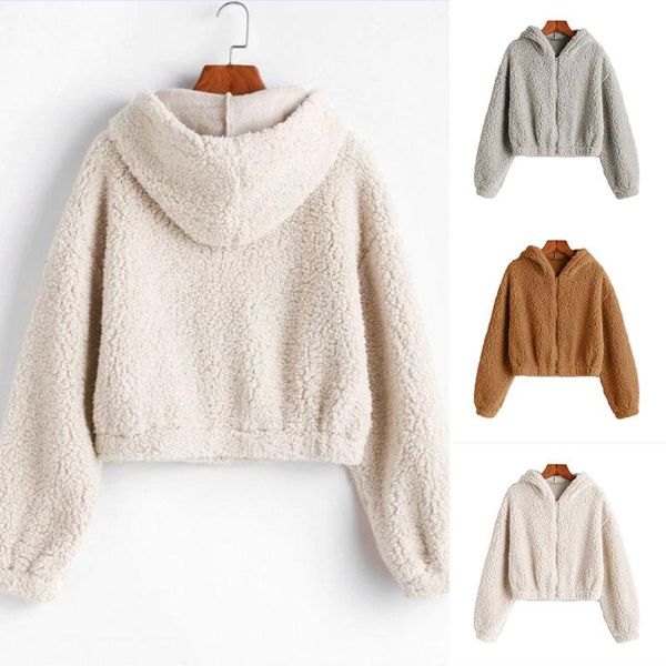 

women cropped fleece hooded hoodies zip-up jacket fluffy coat fashion winter warm teddy bear fur crop short plush sweatshirt, Black;brown