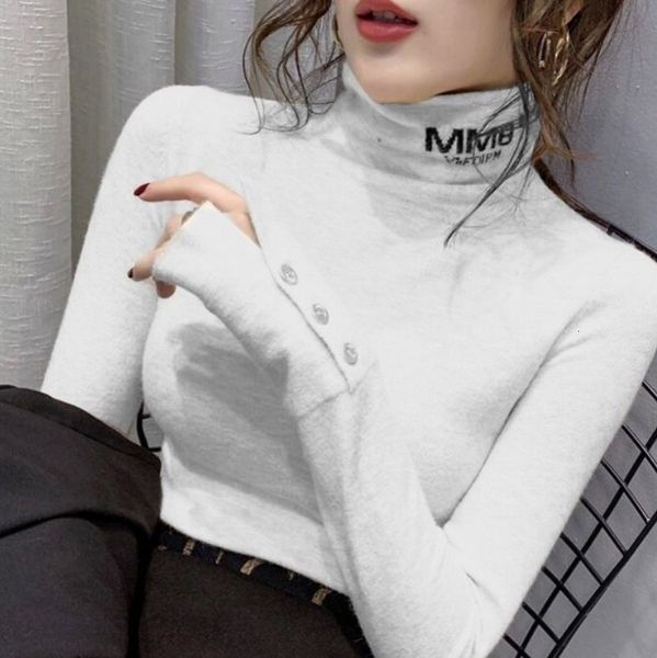 

new autumn 2021 and winter thin joker turtleneck high black female style foreign sweater long button knitted shirt bottom g7dk, White;black
