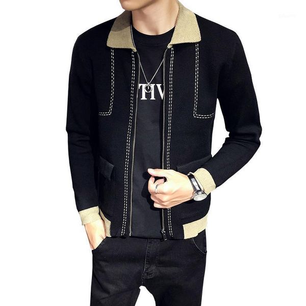 

2020 new men black knitted sweaters fashion lapel mens casual coats zipper placket slim fit male stitching clothing1, White;black