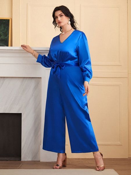 

plus bishop sleeve belted satin jumpsuit w6eq#, Black