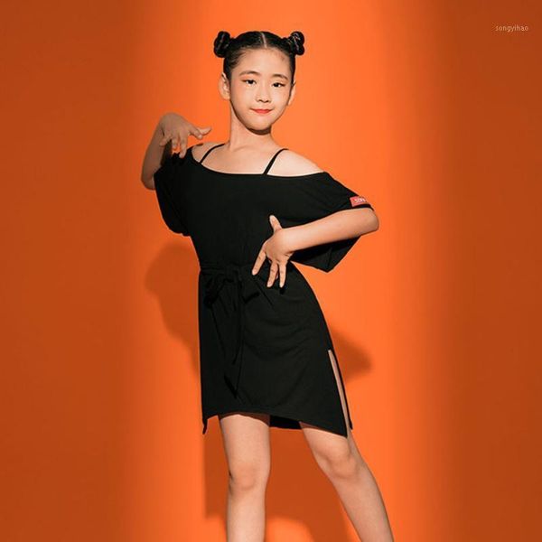 

2020 new lace bare shoulder kids latin dance dress and skirt dancing performance girl dress ballroom samba tango l80231, Black;red