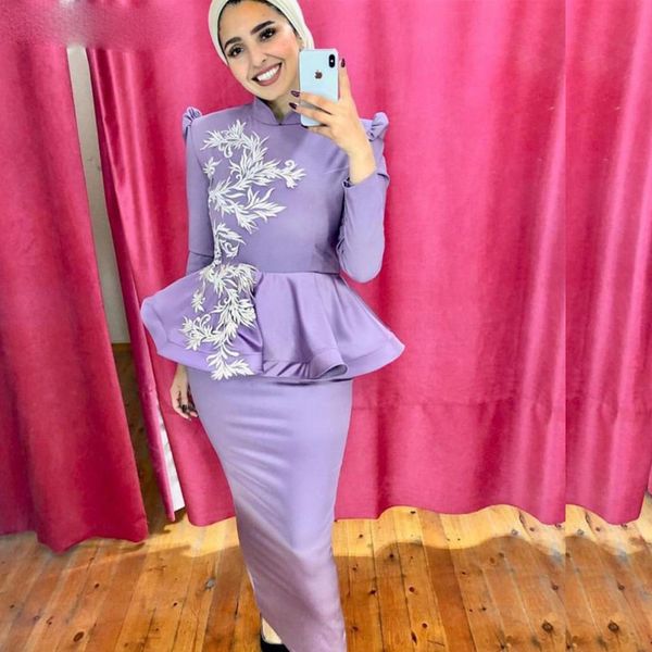 

2022 lavender sheath prom dresses high neck long sleeve ankle length appliques muslim evening party gowns vestidos, Black;red