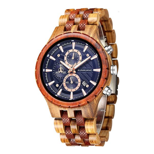 

2020 new men's watch fashion kunhuang sports multifunctional all wood quartz watch wood watches, Slivery;brown