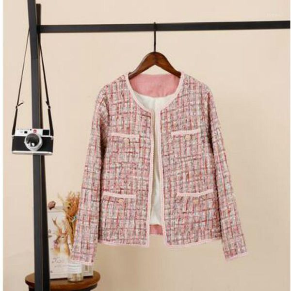 

2020 spring new design women's pink color o-neck long sleeve tweed woolen short coat jacket casacos plus size s m l1, Black;brown