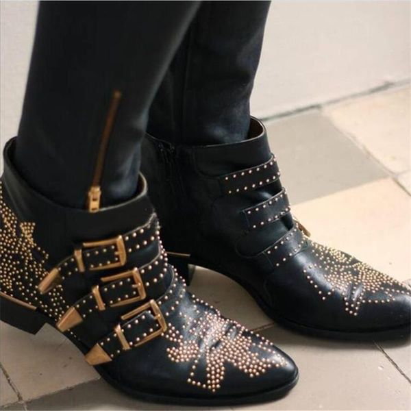

rivets ankle booties new women shoes studded mortorcycle boots luxury design bota feminina leather botas mujer punk boots women, Black