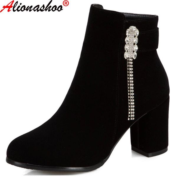 

boots aliona shoo fashion women ankle thick heels shoes female est round toe ladies shoe brand 2021 crystal woman 34-52, Black