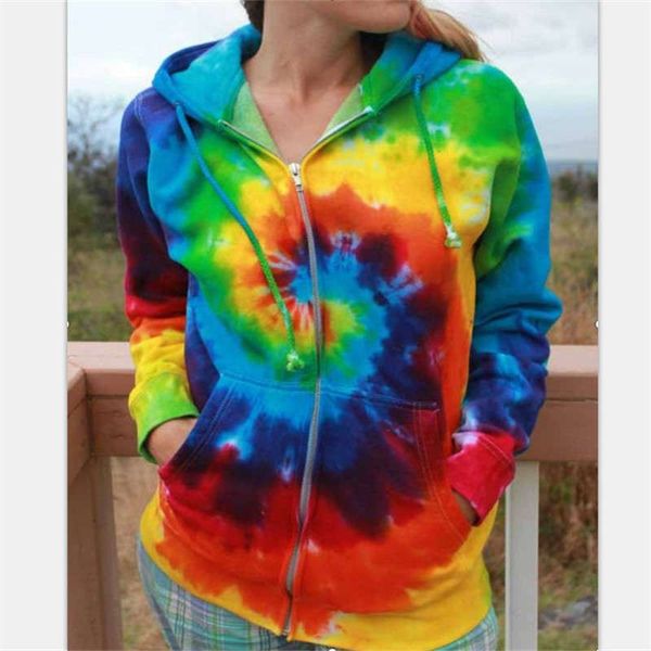 

2020 rainbow vortex tie dye hooded women's sweater casual coat, Black