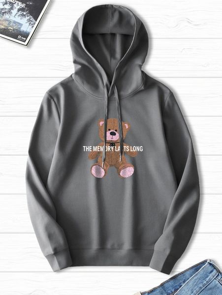 

men slogan & bear print drawstring hoodie p77u#, Black