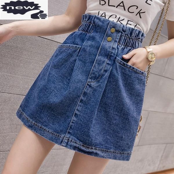 

summer women elastic waist denim a line mini short skirts casual pockets streetwear ladies loose fit jeans skirt plus size, Black